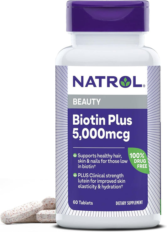 Natrol Beauty Biotin Plus Lutein 5,000 mcg Tablets - Support Healthy Hair, Skin, Nails - 60 Day Supply for Adults