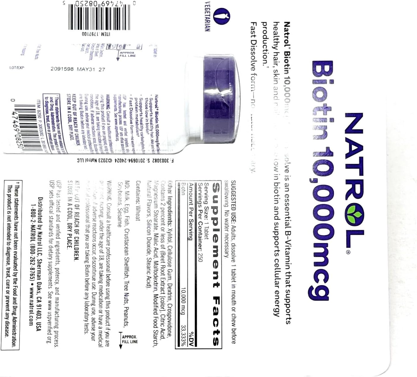 Natrol Biotin 10,000 mcg Fast Dissolve Tablets - 250 Count Bottle