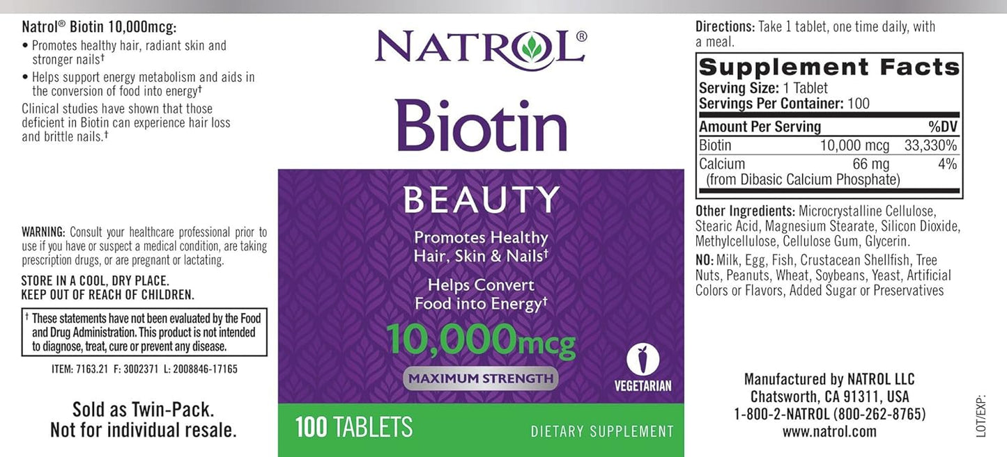 Natrol Biotin Beauty Tablets - Supports Healthy Hair, Skin, Nails, Energy Metabolism - 10000mcg, 200 Count