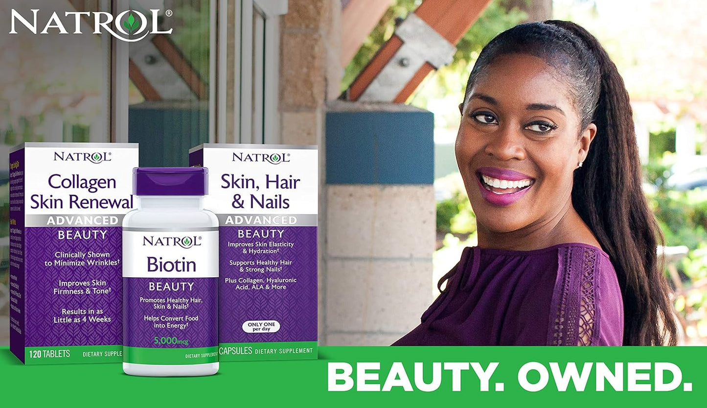 Natrol Biotin Beauty Tablets - Supports Healthy Hair, Skin, Nails, Energy Metabolism - 10000mcg, 200 Count