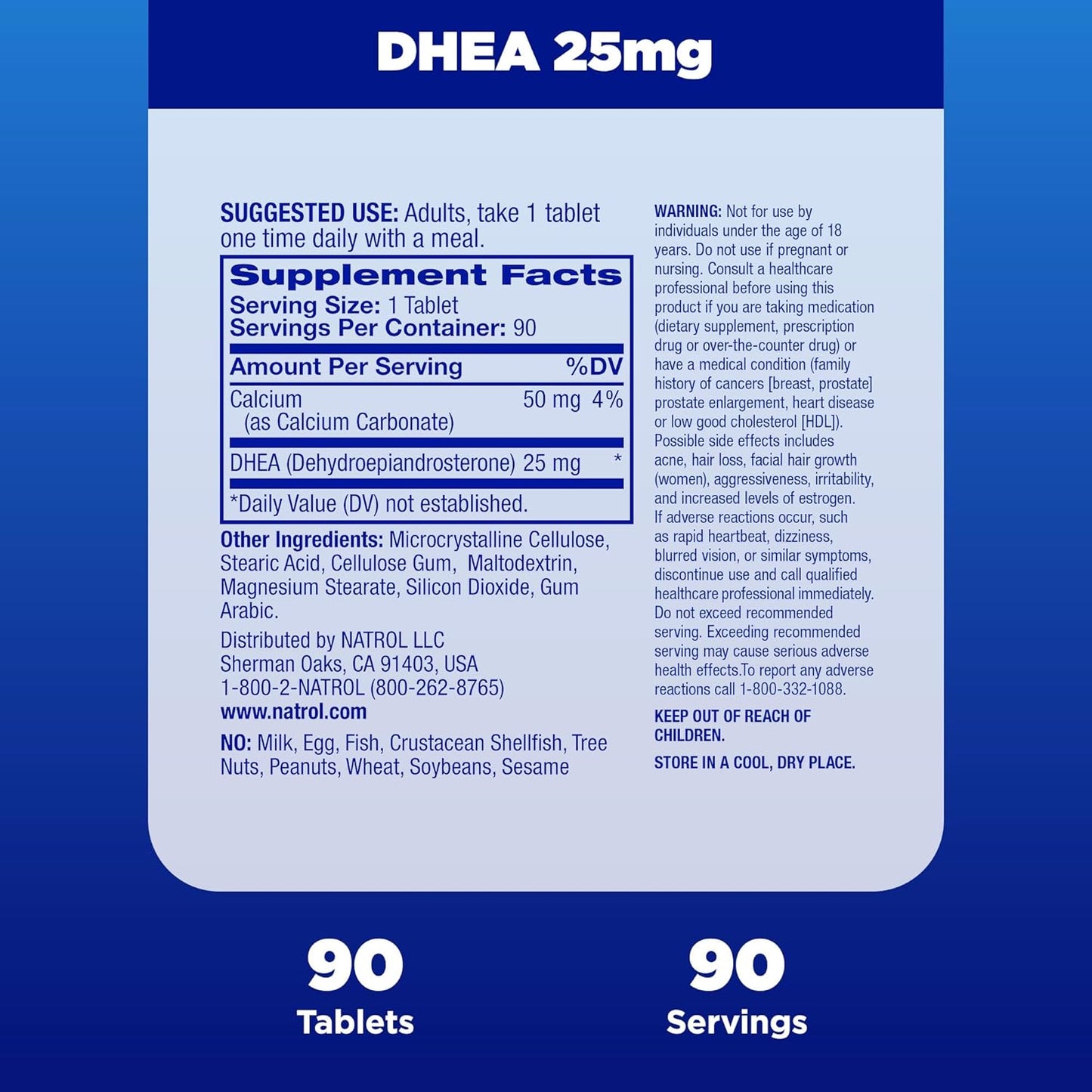 Natrol DHEA 25mg with Calcium Dietary Supplement for Hormone Balance and Mood Support, 90 Tablets