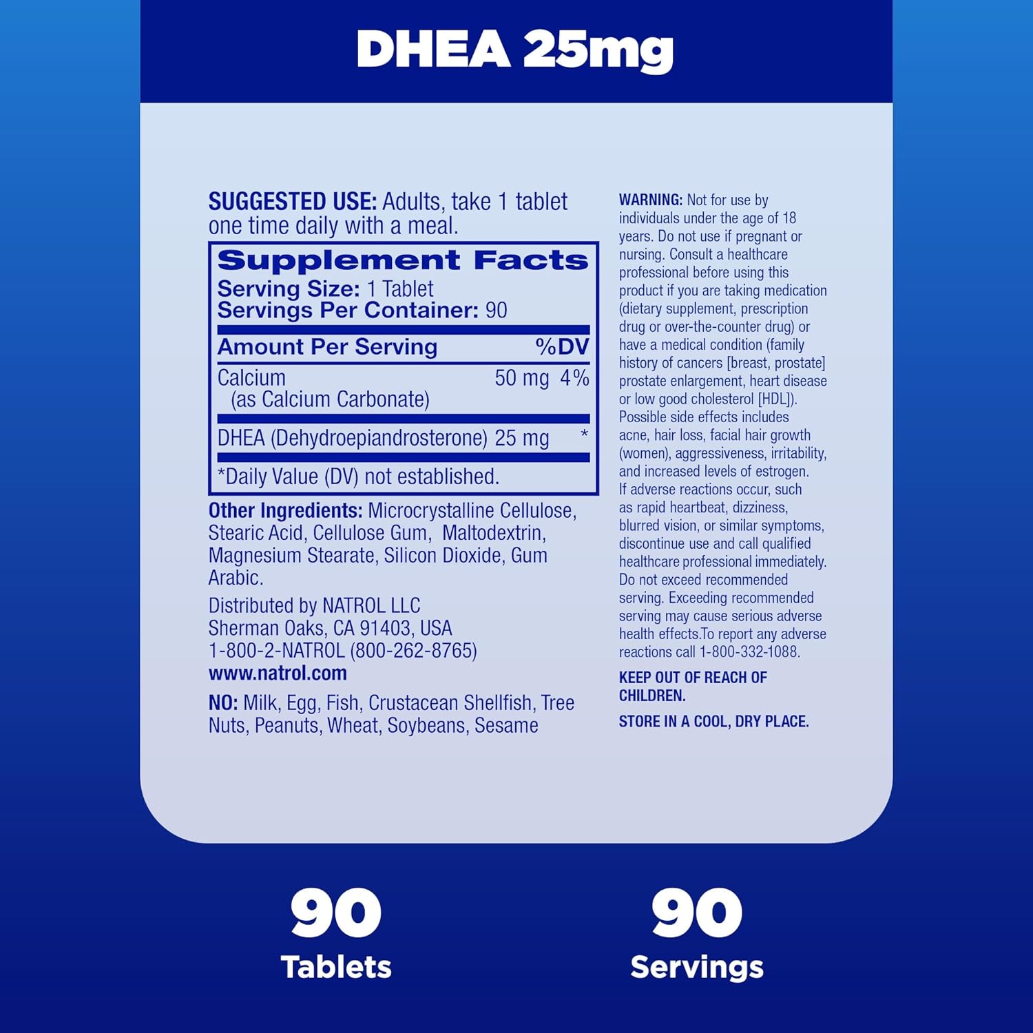 Natrol DHEA 25mg with Calcium Dietary Supplement for Hormone Balance and Mood Support, 90 Tablets