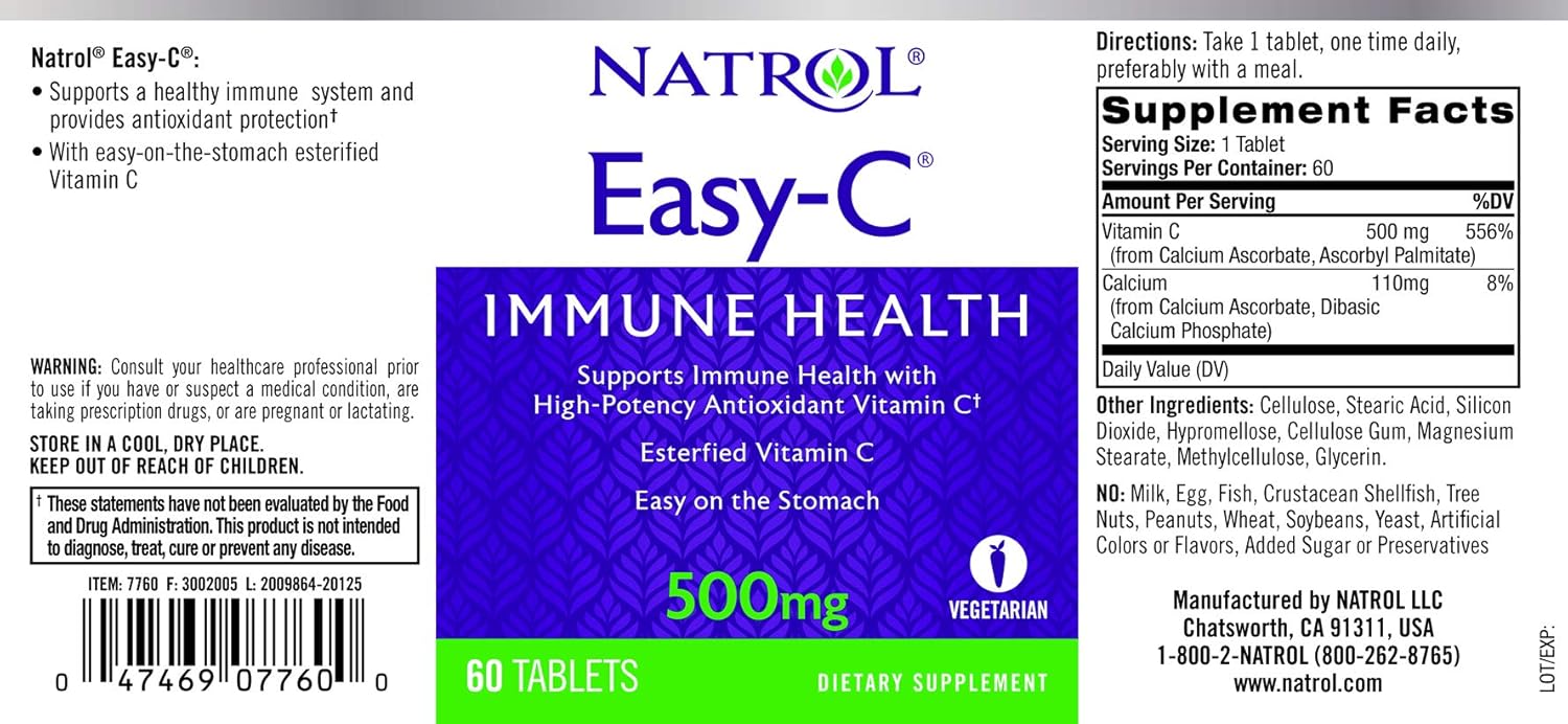Natrol Easy-C Immune Health Dietary Supplement - High-Potency Vitamin C Tablets, 500mg, 60 Count