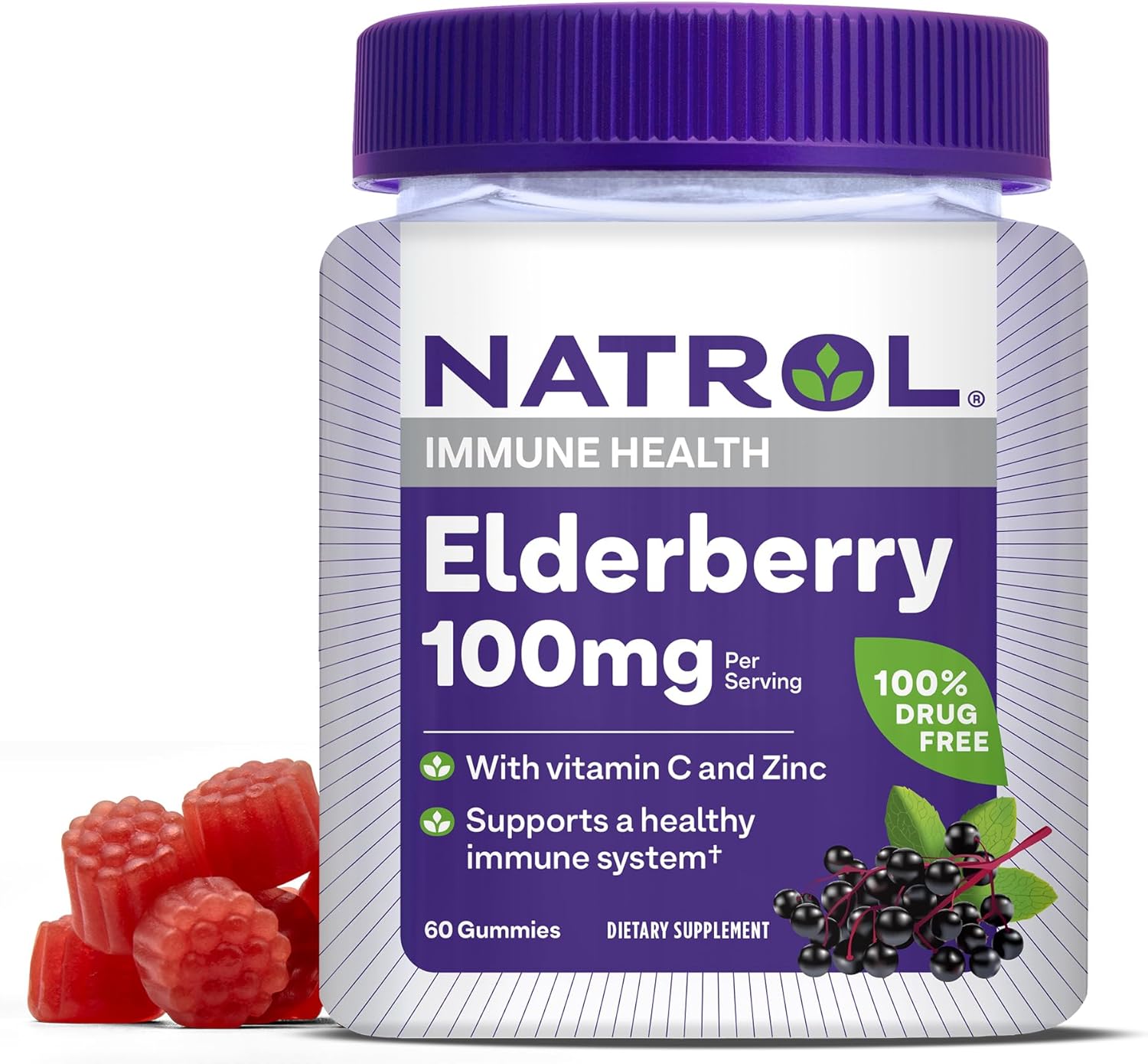 Natrol Elderberry Gummies 100mg for Immune Support - 60 Berry Flavored Gummies, 1 Month Supply