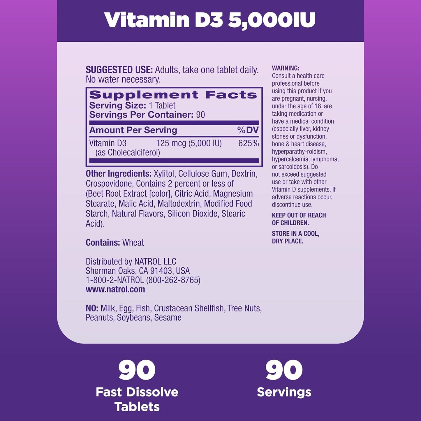 Natrol Fast Dissolve Vitamin D3 5,000 IU Tablets - Bone & Joint Health Support, 90 Day Supply