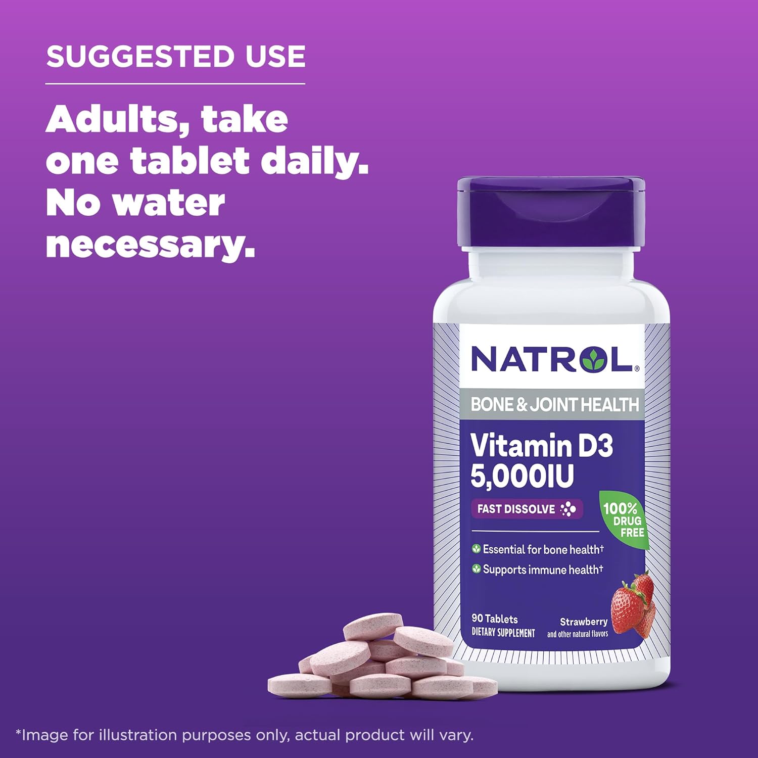 Natrol Fast Dissolve Vitamin D3 5,000 IU Tablets - Bone & Joint Health Support, 90 Day Supply
