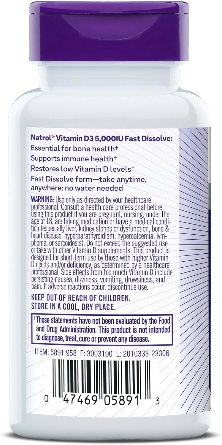 Natrol Fast Dissolve Vitamin D3 5,000 IU Tablets - Bone & Joint Health Support, 90 Day Supply