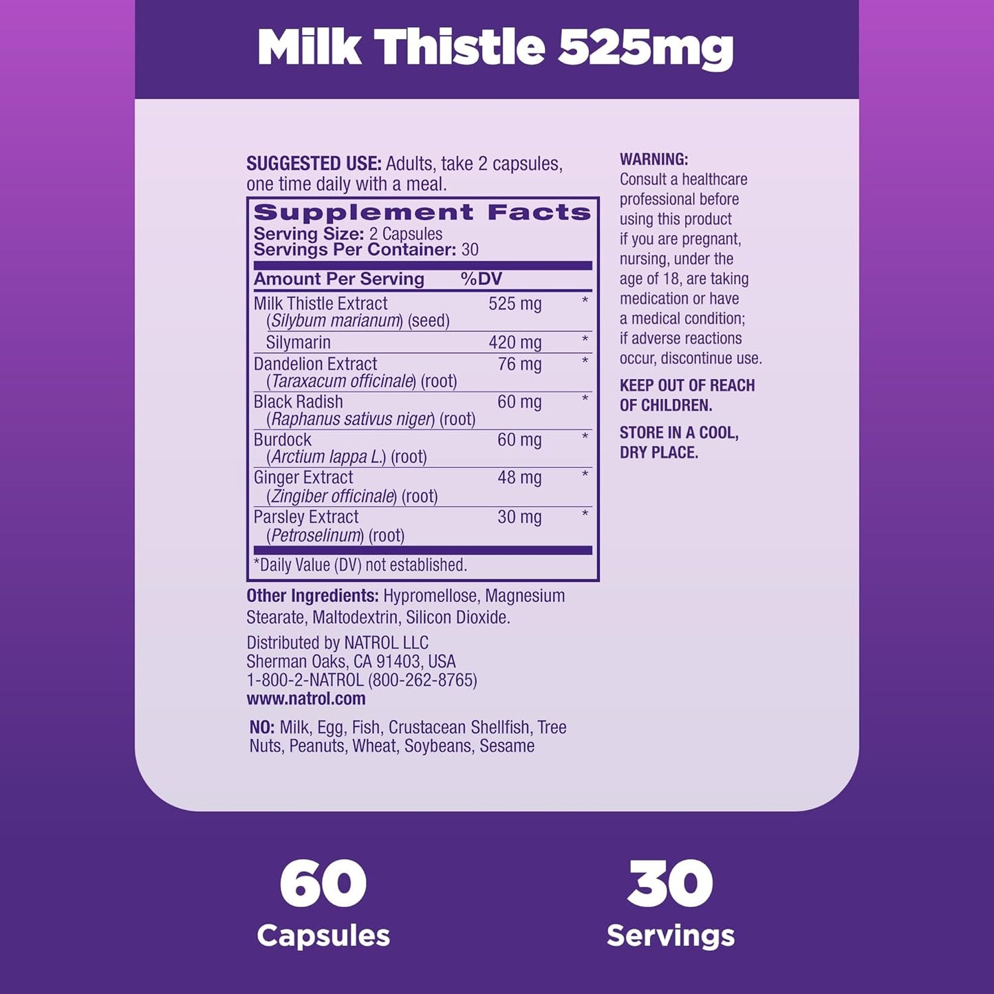 Natrol Milk Thistle 525mg Digestive Health Supplement - 60 Capsules
