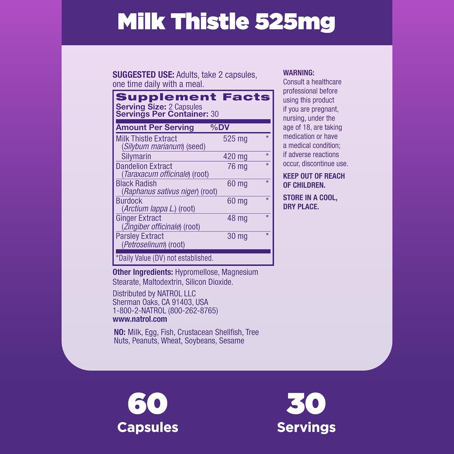 Natrol Milk Thistle 525mg Digestive Health Supplement - 60 Capsules