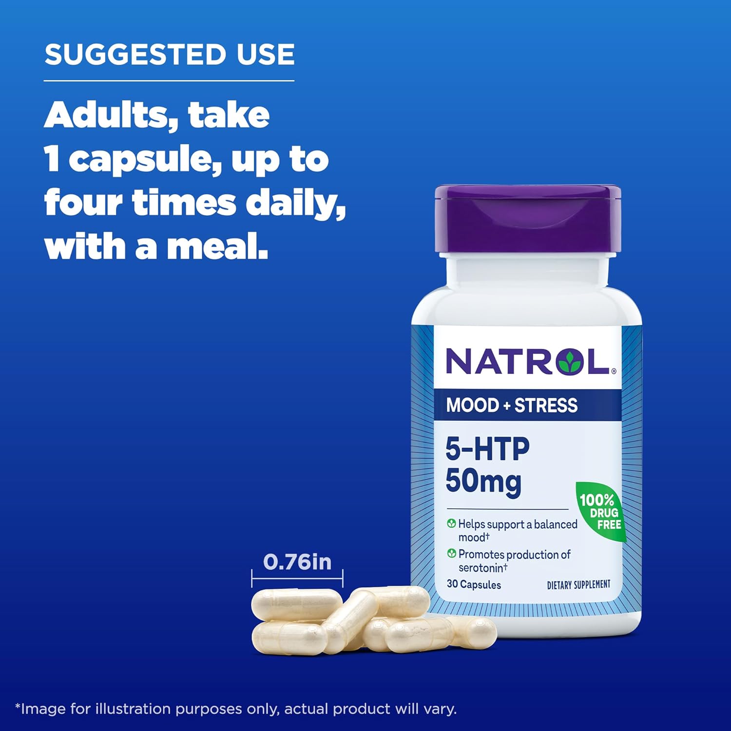 Natrol Mood & Stress 5-HTP 50mg Capsules for Balanced Mood - 30 Count Supply