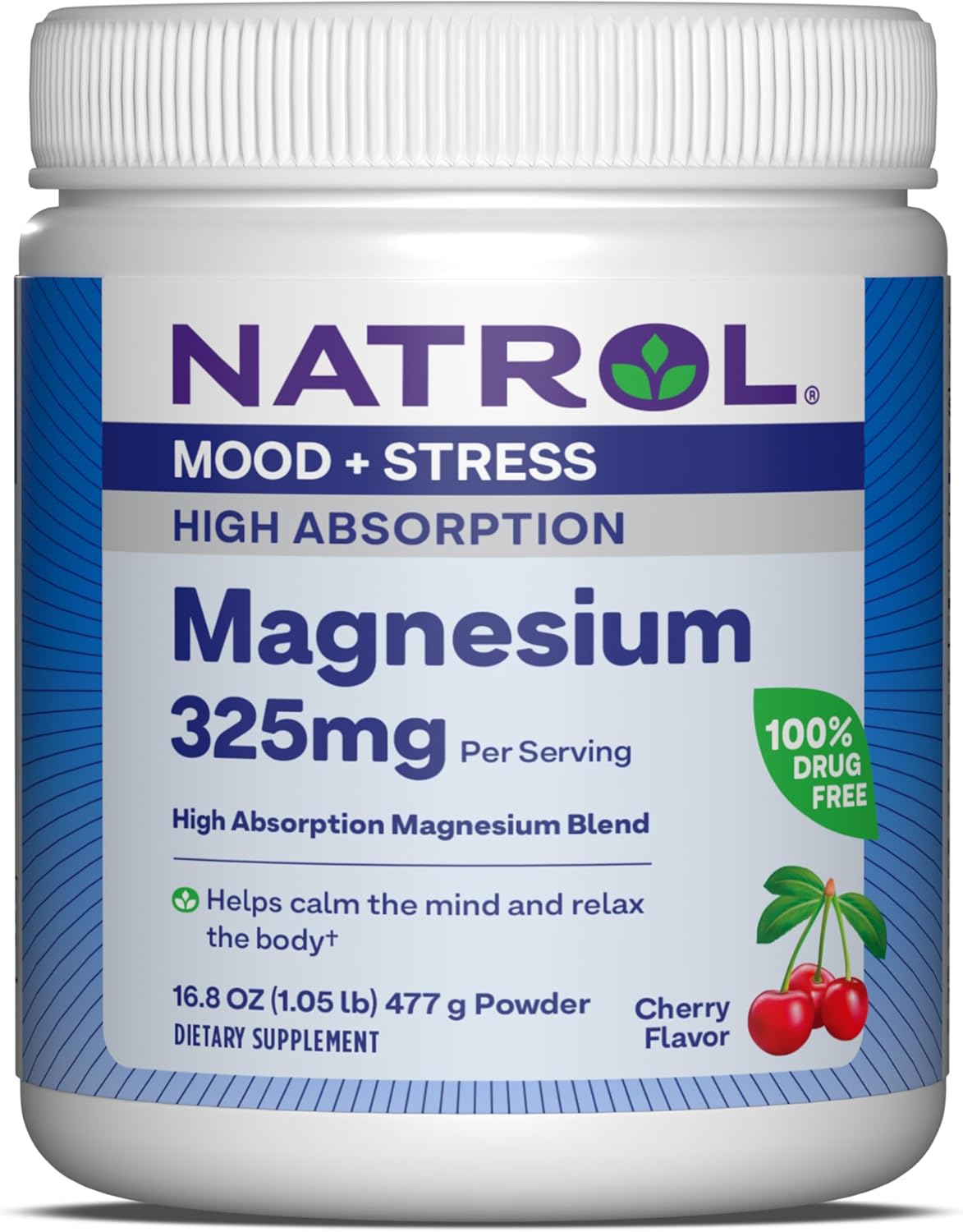 Natrol Mood + Stress Blend with Magnesium Carbonate, Glycinate, and Potassium - Cherry-Flavored Powder for Occasional Stress Support - 45-Day Supply