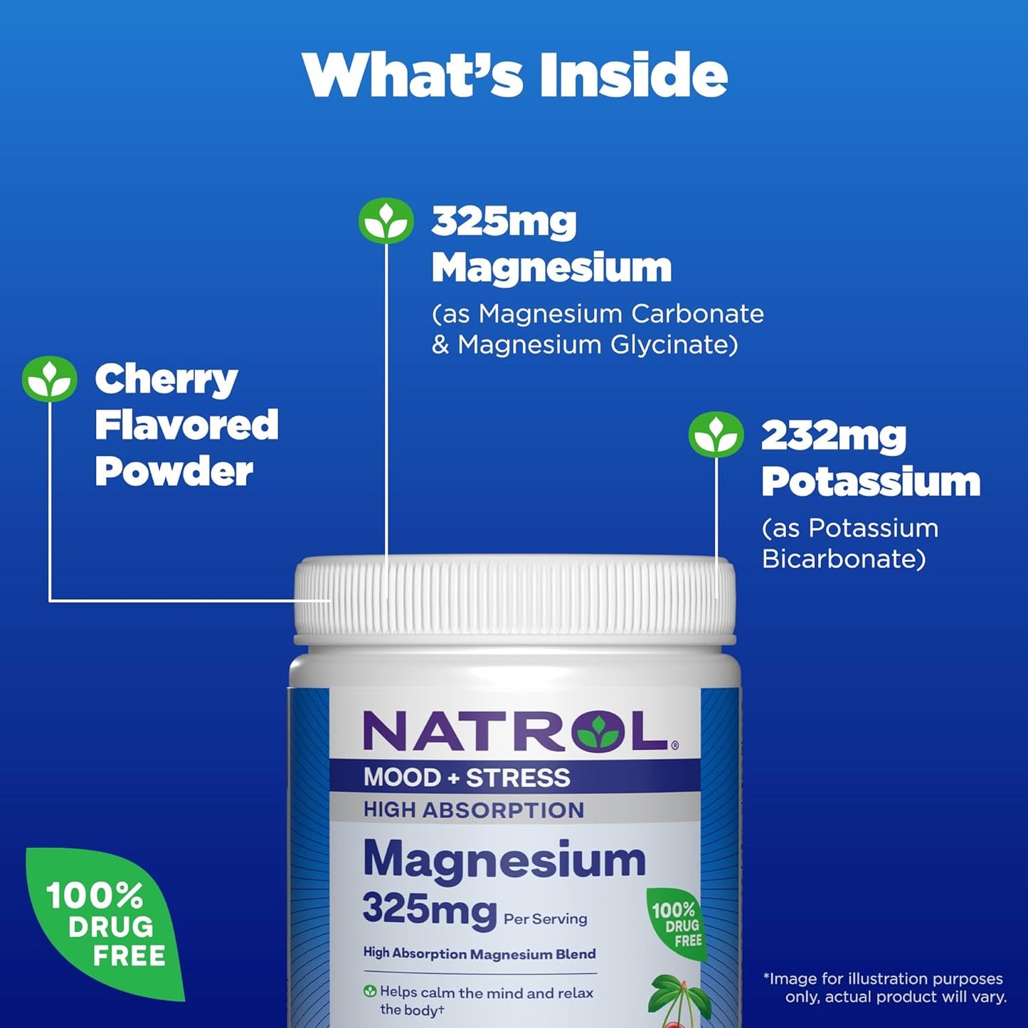 Natrol Mood + Stress Blend with Magnesium Carbonate, Glycinate, and Potassium - Cherry-Flavored Powder for Occasional Stress Support - 45-Day Supply
