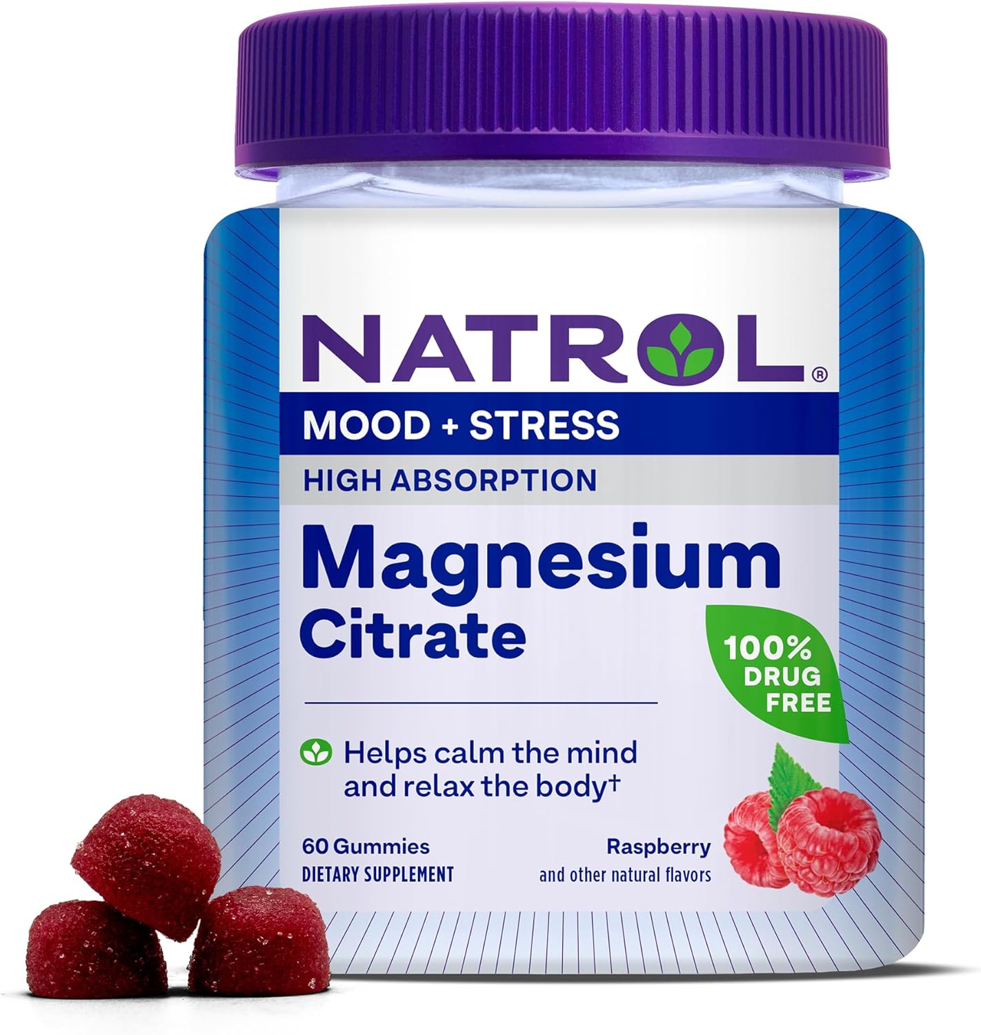 Natrol Mood + Stress Magnesium Citrate Gummies - 60 Count - Raspberry Flavor - 15 Day Supply