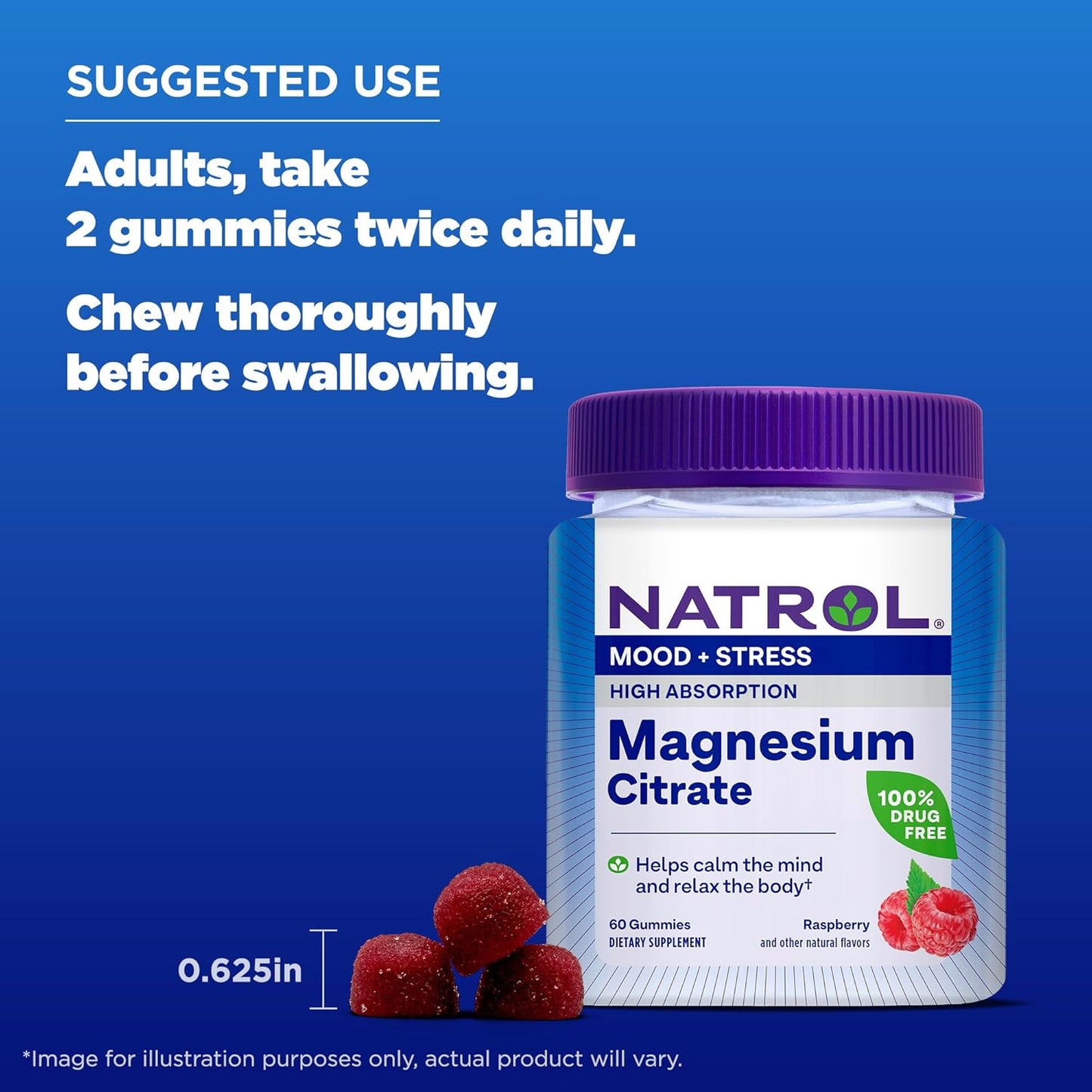 Natrol Mood + Stress Magnesium Citrate Gummies - 60 Count - Raspberry Flavor - 15 Day Supply