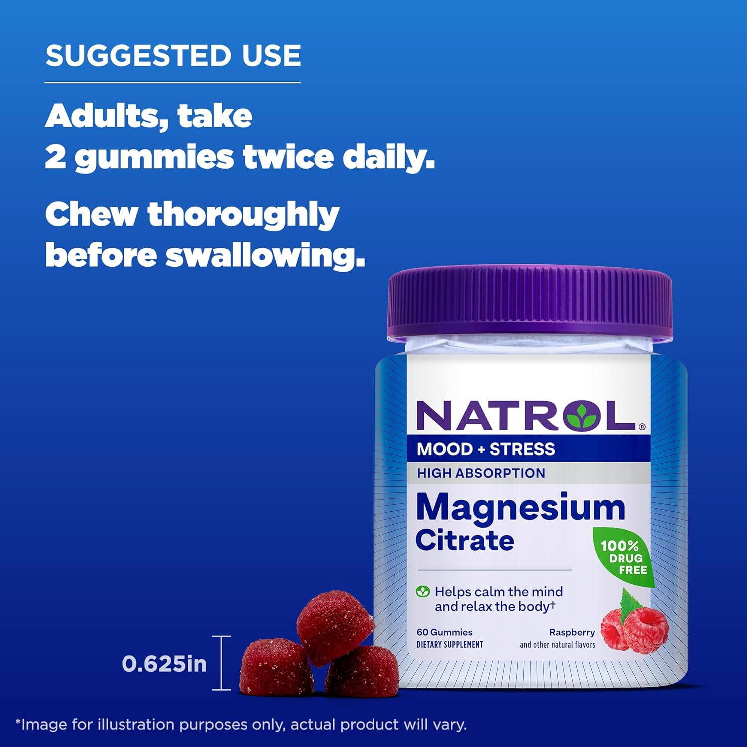 Natrol Mood + Stress Magnesium Citrate Gummies - 60 Count - Raspberry Flavor - 15 Day Supply