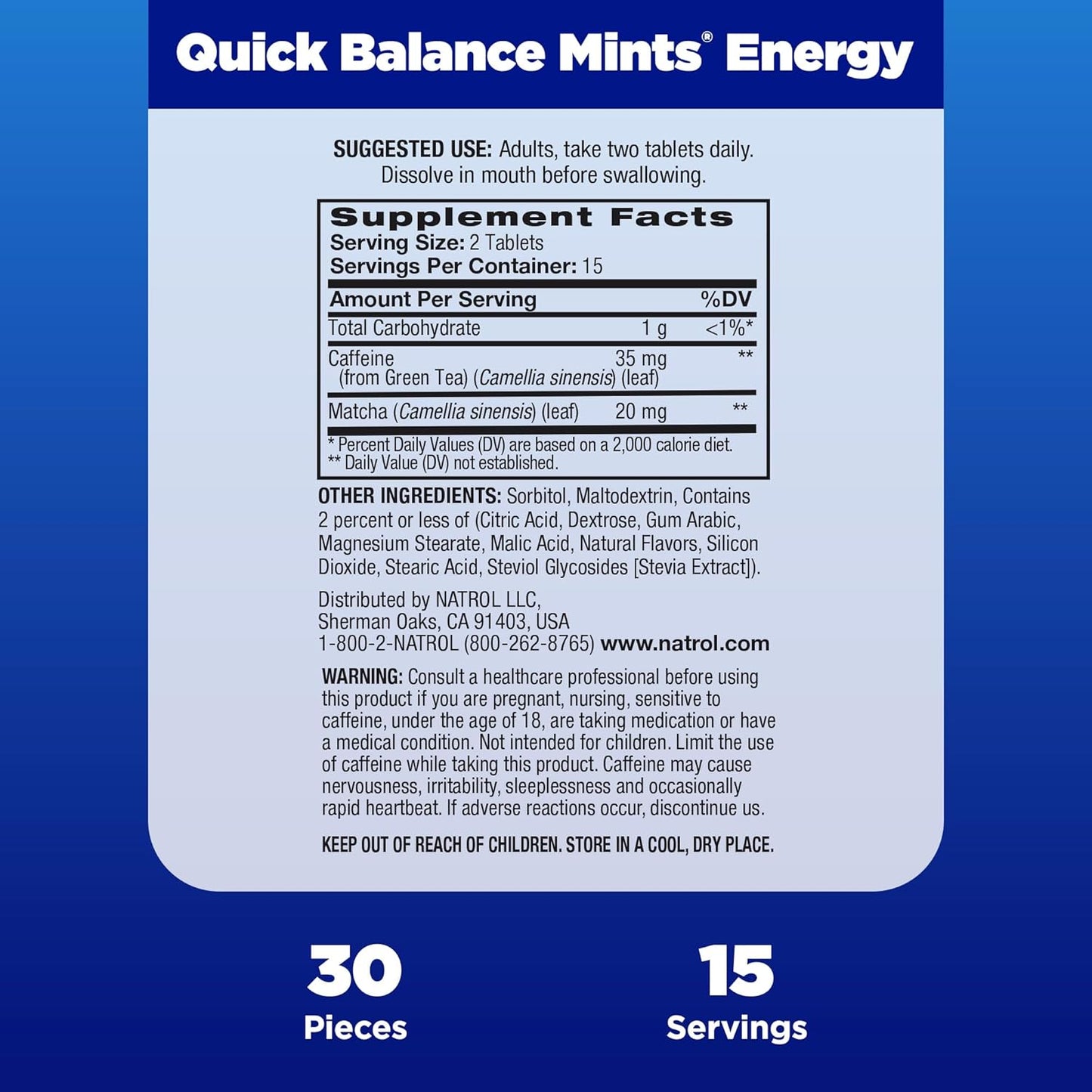 Natrol Quick Balance Energy Mints, Lemon Green Tea Flavor, 30 Count - Energy Supplement for 15 Days