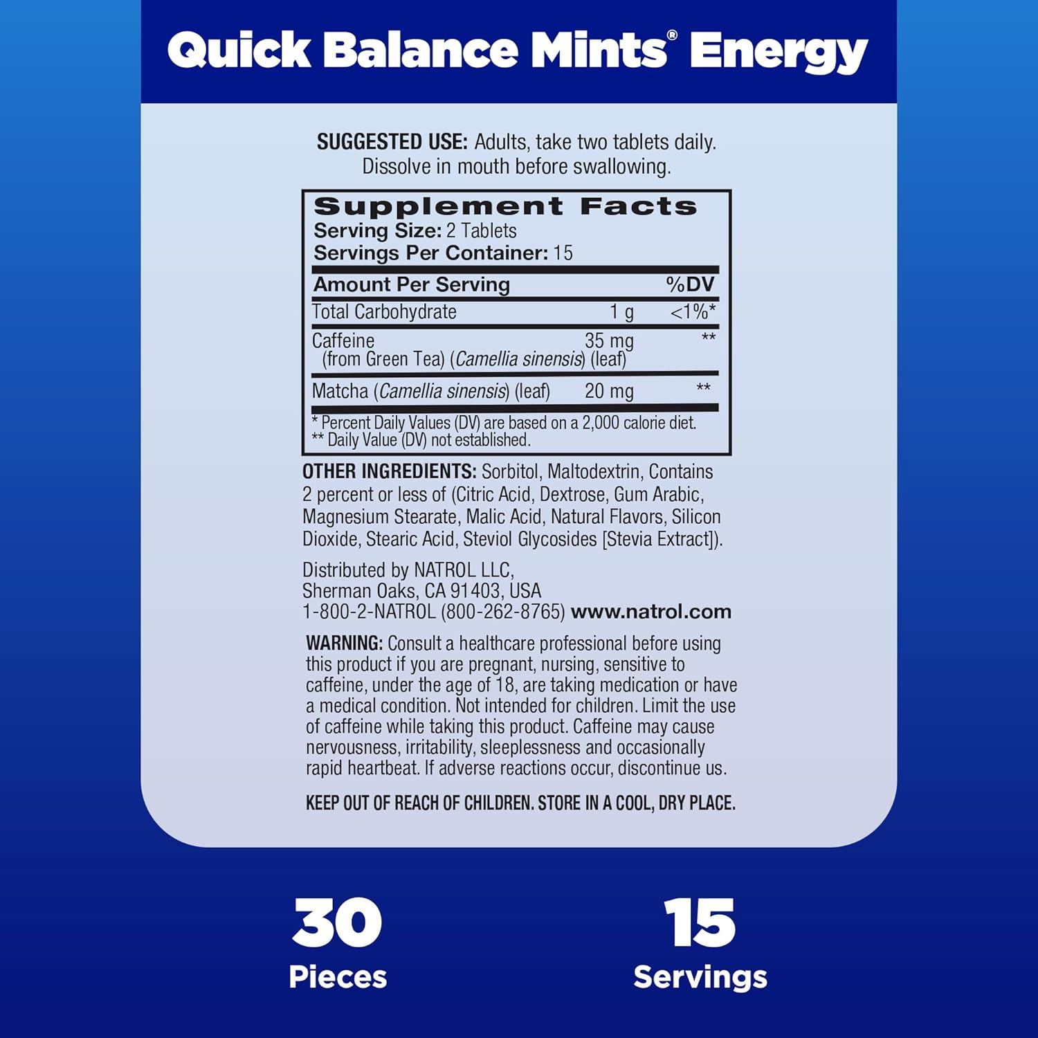 Natrol Quick Balance Energy Mints, Lemon Green Tea Flavor, 30 Count - Energy Supplement for 15 Days