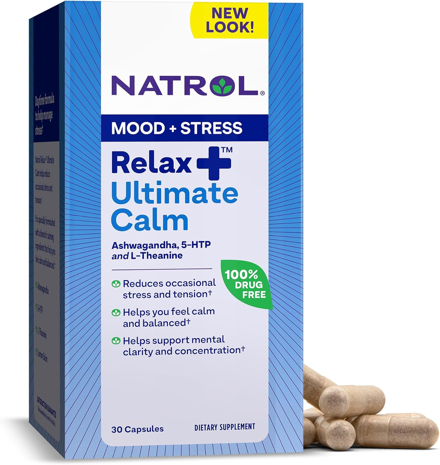 Natrol Relax+ Ultimate Calm Supplement with Ashwagandha, 5-HTP, L-Theanine, Lemon Balm - Reduce Stress & Tension - 30 Capsules