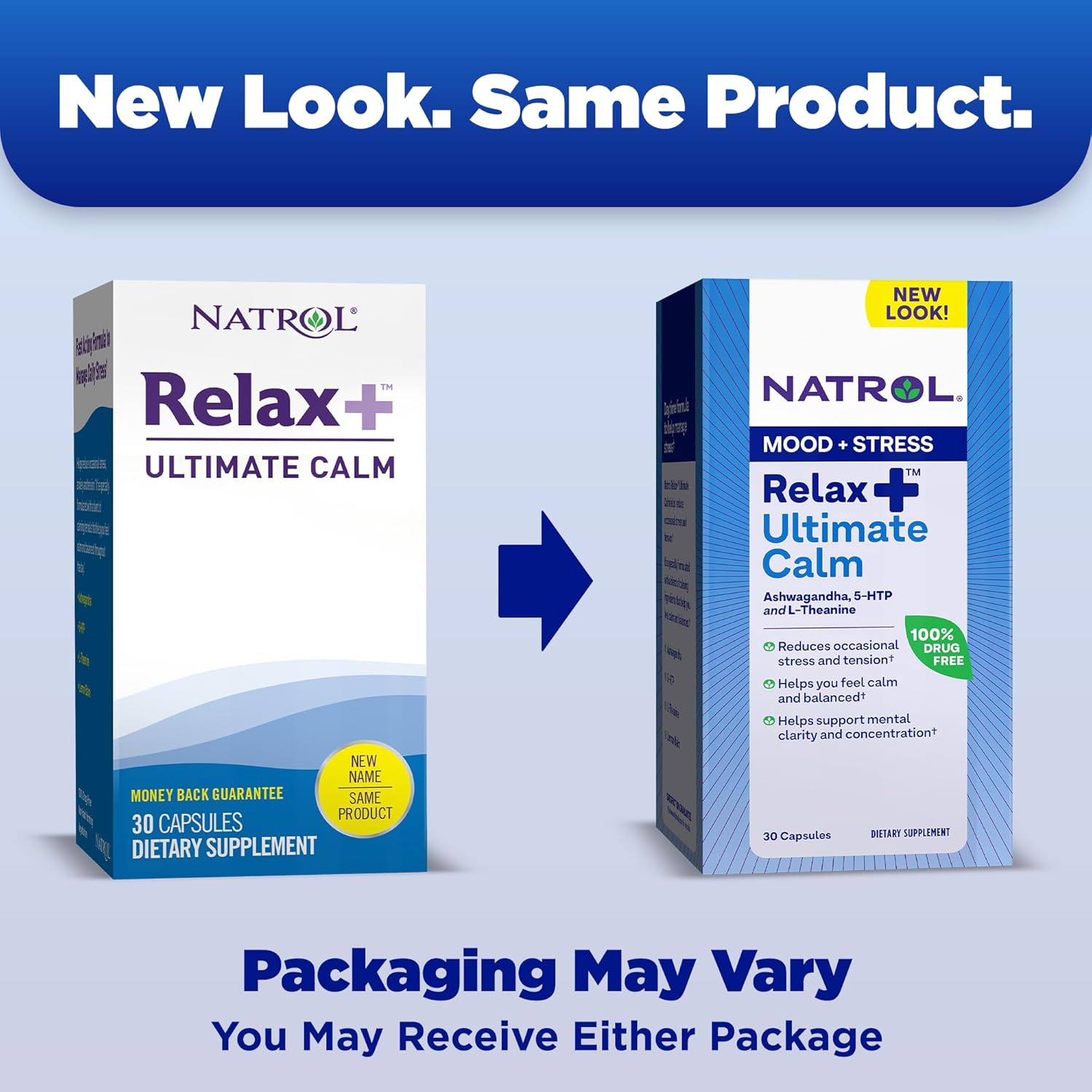 Natrol Relax+ Ultimate Calm Supplement with Ashwagandha, 5-HTP, L-Theanine, Lemon Balm - Reduce Stress & Tension - 30 Capsules