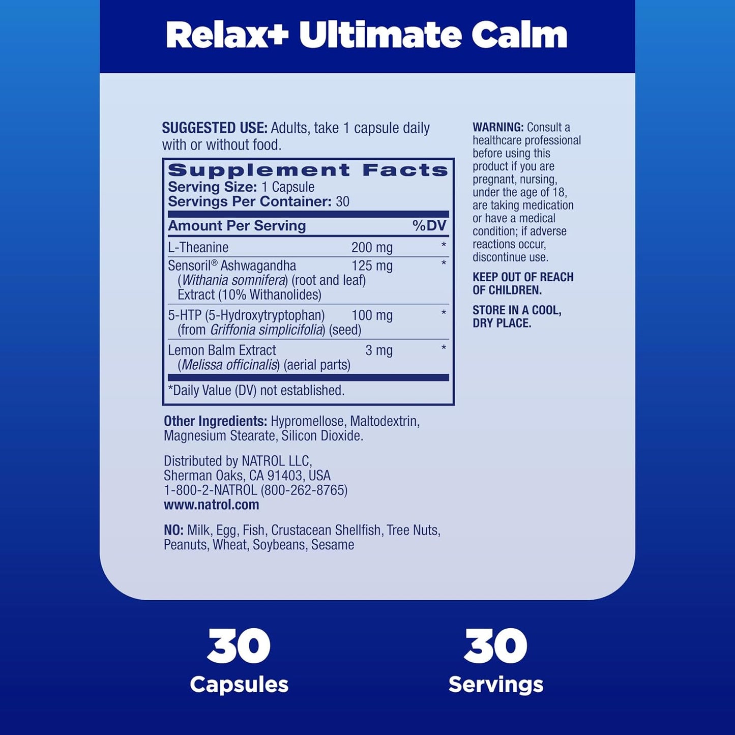 Natrol Relax+ Ultimate Calm Supplement with Ashwagandha, 5-HTP, L-Theanine, Lemon Balm - Reduce Stress & Tension - 30 Capsules