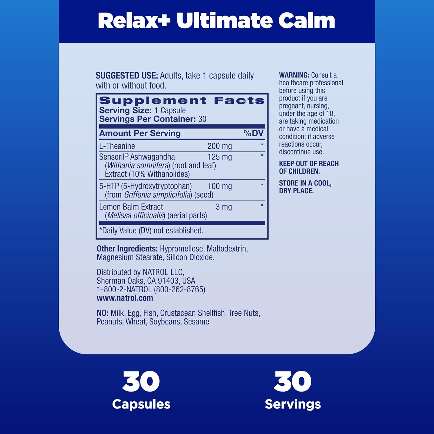 Natrol Relax+ Ultimate Calm Supplement with Ashwagandha, 5-HTP, L-Theanine, Lemon Balm - Reduce Stress & Tension - 30 Capsules