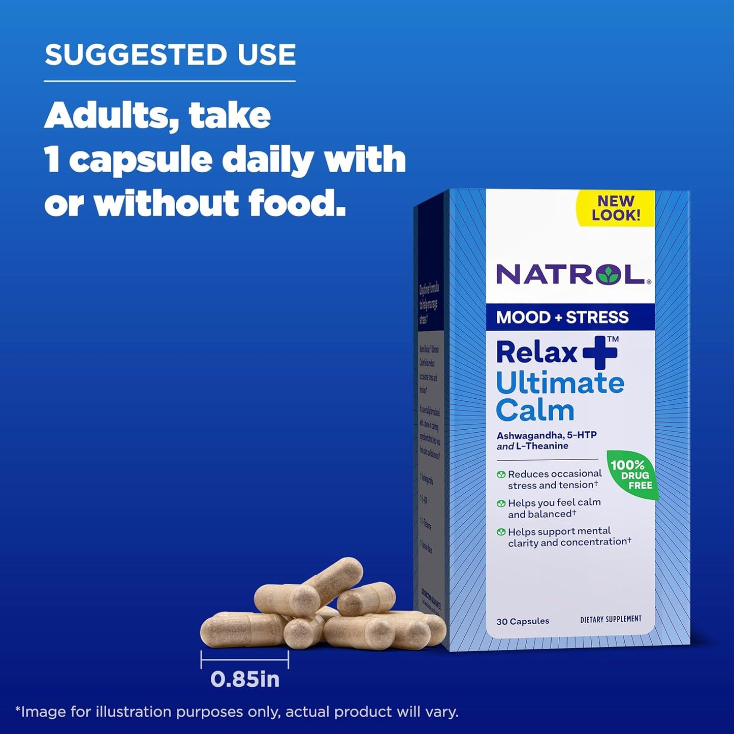 Natrol Relax+ Ultimate Calm Supplement with Ashwagandha, 5-HTP, L-Theanine, Lemon Balm - Reduce Stress & Tension - 30 Capsules