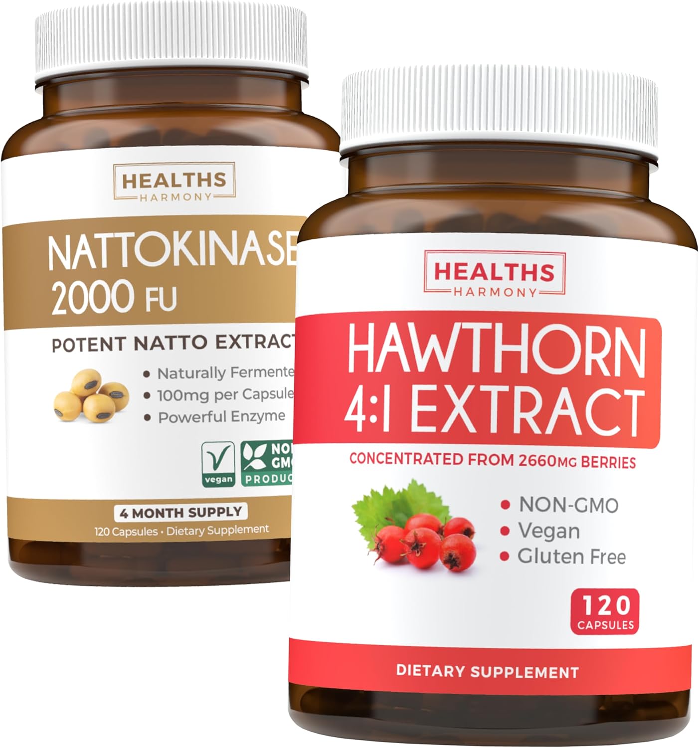 Nattokinase Berry Harmony & Hawthorn 4-Month Supply - Powerful Natural Fermentation & Vegan Hawthorn Extract