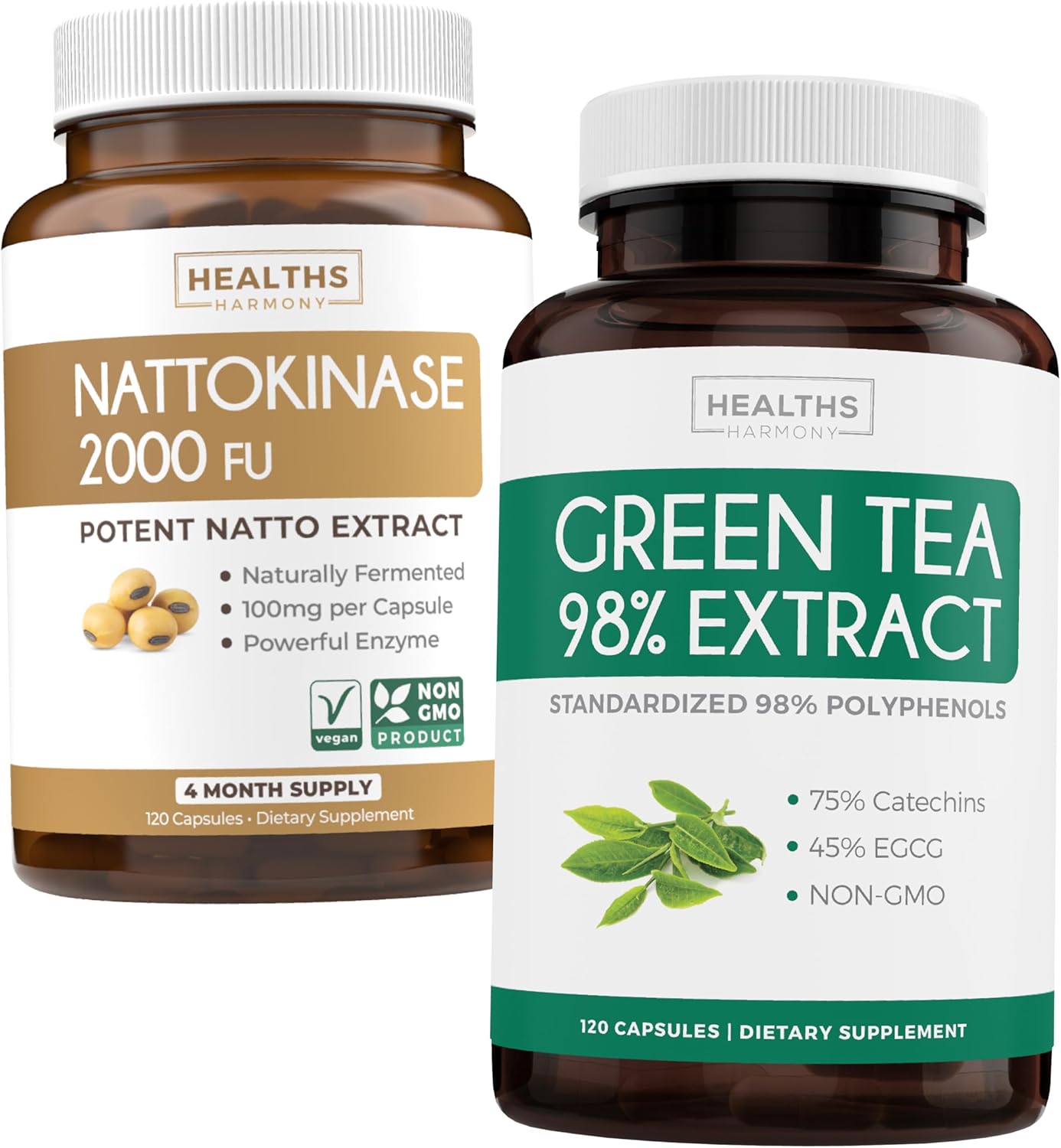 Nattokinase & Green Tea Capsules for Natural Metabolism Boost - 2 Month Supply - Non-GMO Green Vitality Supplement with Powerful Nattokinase & Green Tea Extract 98% EGCG - 120 Capsules