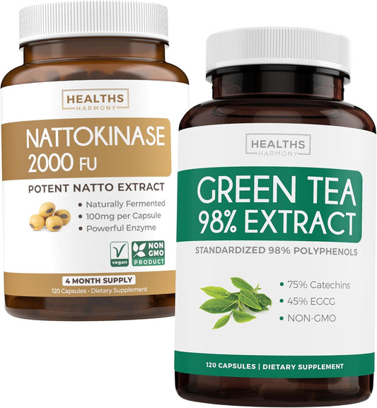 Nattokinase & Green Tea Capsules for Natural Metabolism Boost - 2 Month Supply - Non-GMO Green Vitality Supplement with Powerful Nattokinase & Green Tea Extract 98% EGCG - 120 Capsules