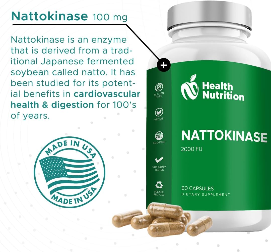 Nattokinase Heart Health Support Supplement with Enzymes & Antioxidants - 60 Capsules - Made in USA