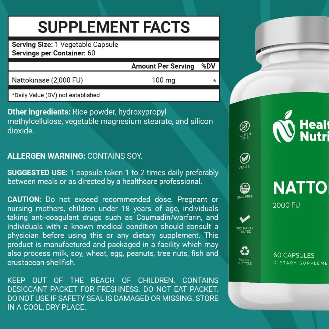 Nattokinase Heart Health Support Supplement with Enzymes & Antioxidants - 60 Capsules - Made in USA