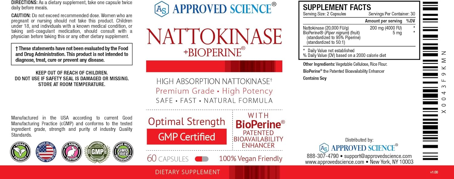 Nattokinase Supplement 4000 FU - 200mg with BioPerine - Vegan, Non-GMO - 60 Capsules - Vitamin K2 Free - One Month Supply