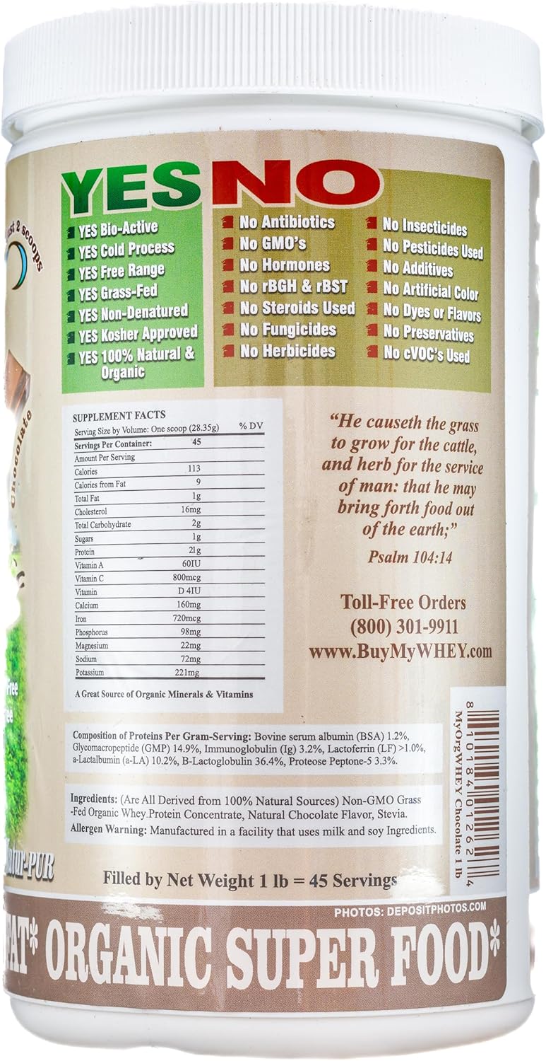 Natur-Pur Chocolate Organic Whey Protein Powder - Grass-Fed, Non-GMO, Cold Processed, Hormone-Free with 42g Protein in 2 Scoops