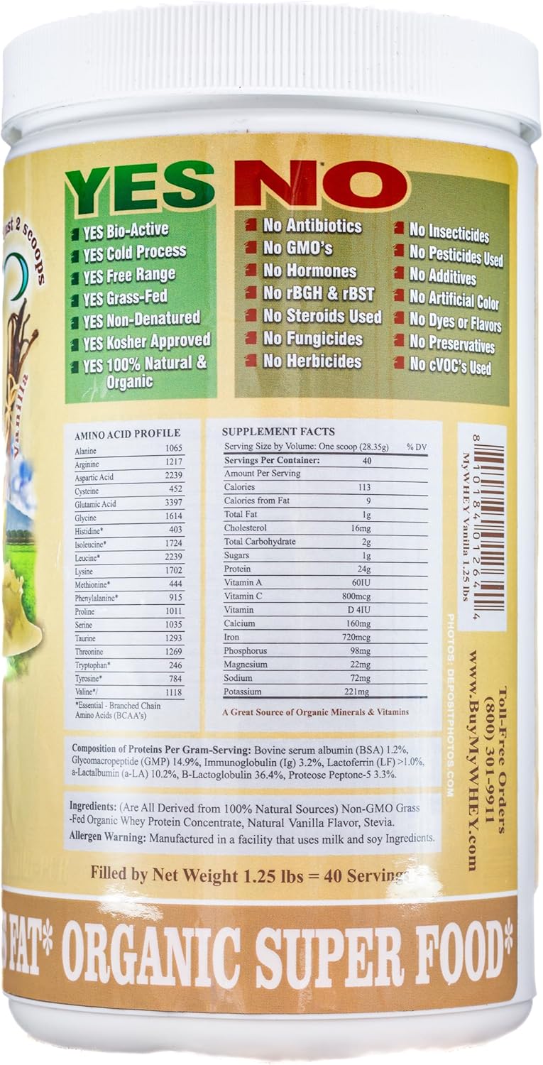 Natur-Pur Grass-Fed Organic Whey Protein Powder Vanilla Flavor - Hormone-Free, Cold Processed, High Protein Content (1lb)