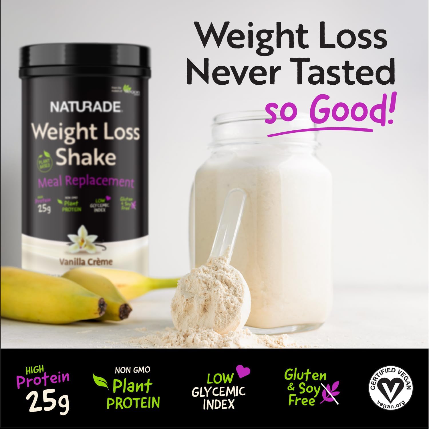 Naturade Vanilla Crème Plant-Based Slimming Formula Shake with 25g Protein & 6g Fiber - Gluten & Soy Free - 18 Servings