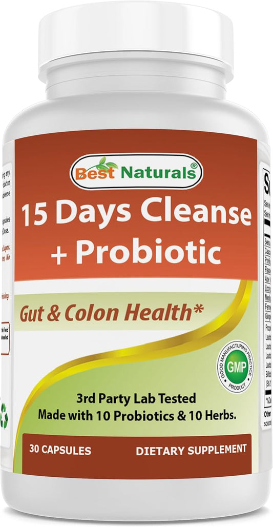 Natural 15-Day Gut and Colon Cleanse with Probiotics - Senna, Cascara Sagrada, and Psyllium Husk - 30 Capsules - Non-GMO and Gluten-Free - Ideal for Men and Women