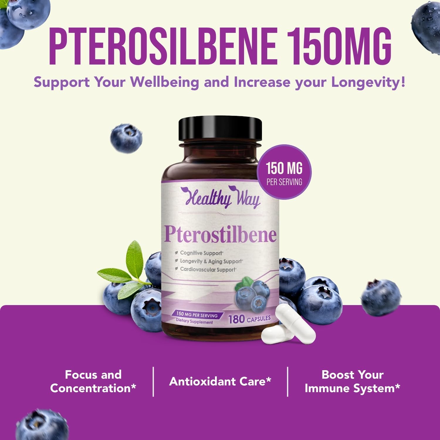 Natural 150mg Pterostilbene Antioxidant Supplement - Supports Healthy Aging, Immune System, Heart, Skin, and Brain - Non-GMO, Made in USA - 180 Servings