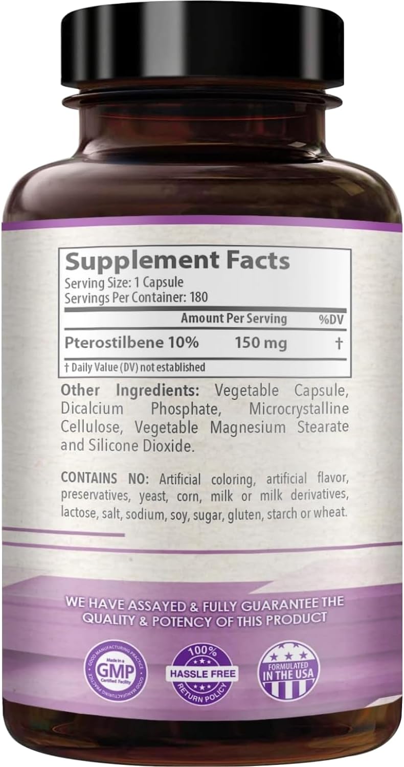Natural 150mg Pterostilbene Antioxidant Supplement - Supports Healthy Aging, Immune System, Heart, Skin, and Brain - Non-GMO, Made in USA - 180 Servings