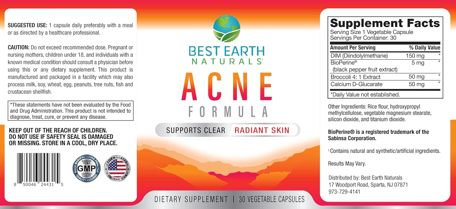 Natural Acne Support Supplement Capsules for Healthy Skin - 30 Day Supply