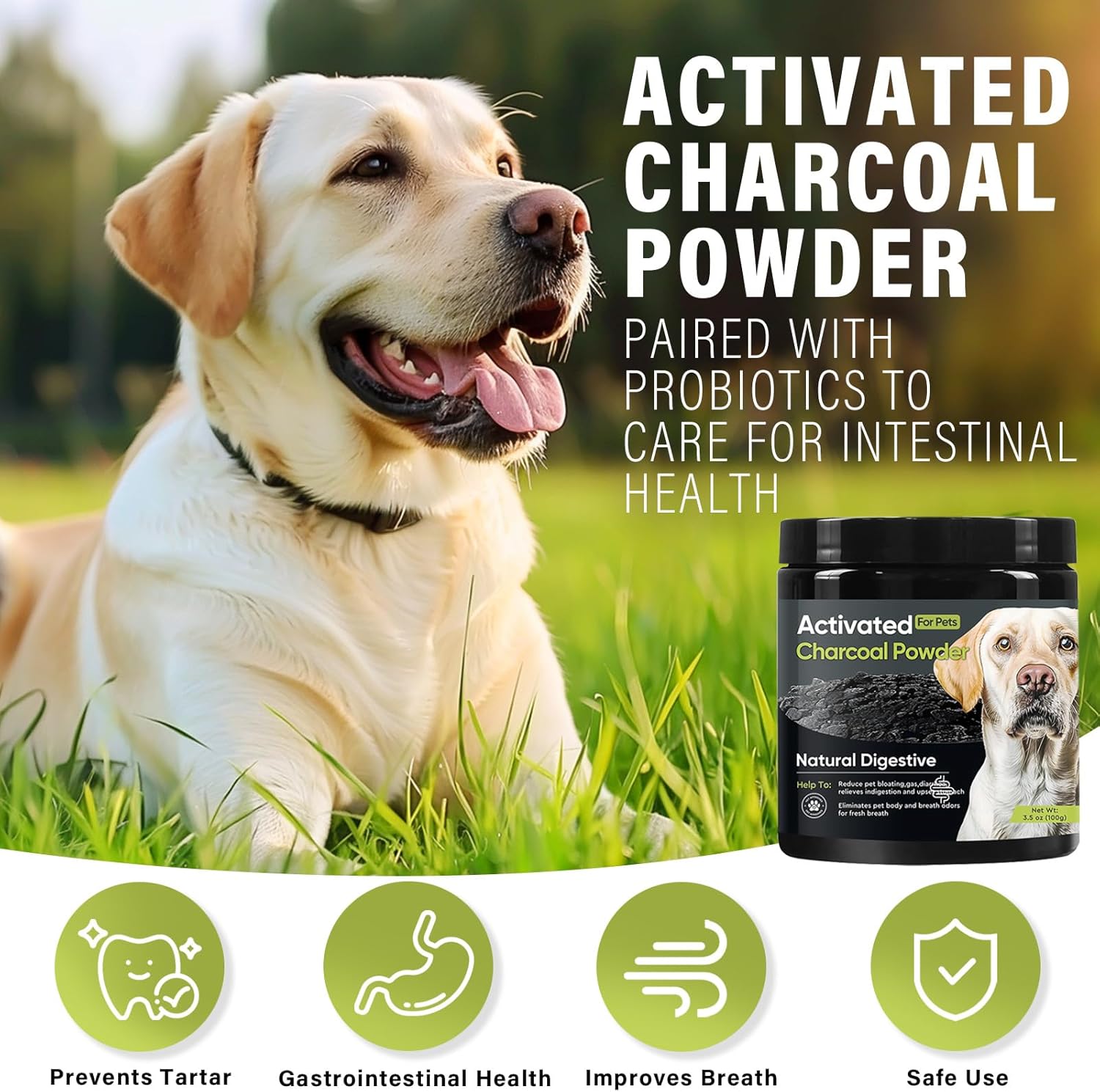 Natural Activated Charcoal Powder for Pets - Supports Upset Stomach, Gas Relief, Digestion & Liver Health