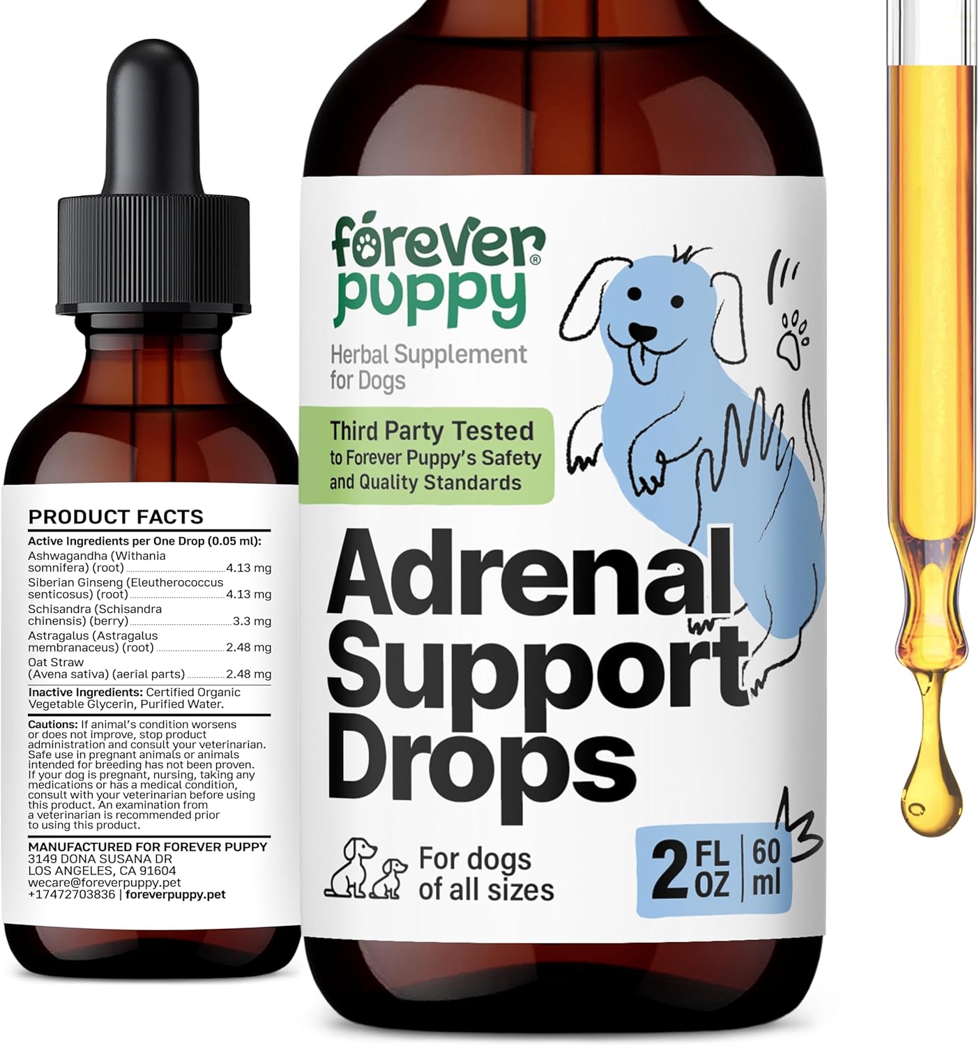 Natural Adrenal Support Drops for Dogs - Ashwagandha & Ginseng Root Tincture - Energy & Calming Liquid Supplement - 2 oz
