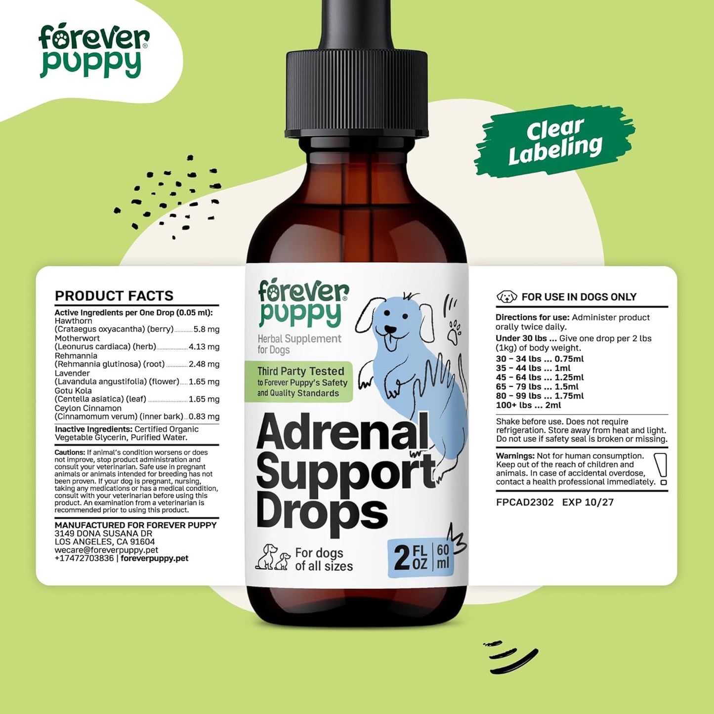 Natural Adrenal Support Drops for Dogs - Ashwagandha & Ginseng Root Tincture - Energy & Calming Liquid Supplement - 2 oz