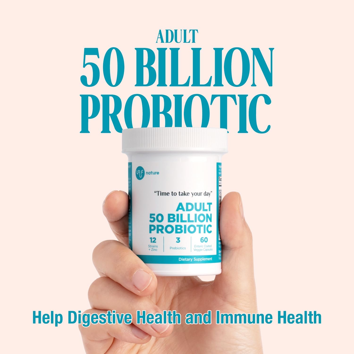 Natural Adult Probiotic with 50 Billion CFU, 12 Strains, 3 Prebiotics, Zinc - Digestive Health & Immune Support - 60 Veggie Capsules