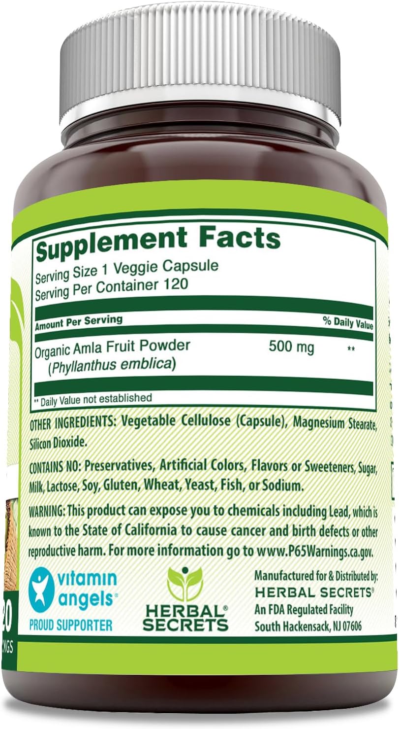 Natural Amla Supplement 500mg | 120 Veggie Capsules | Non-GMO & Gluten Free | Made in USA | Herbal Secrets