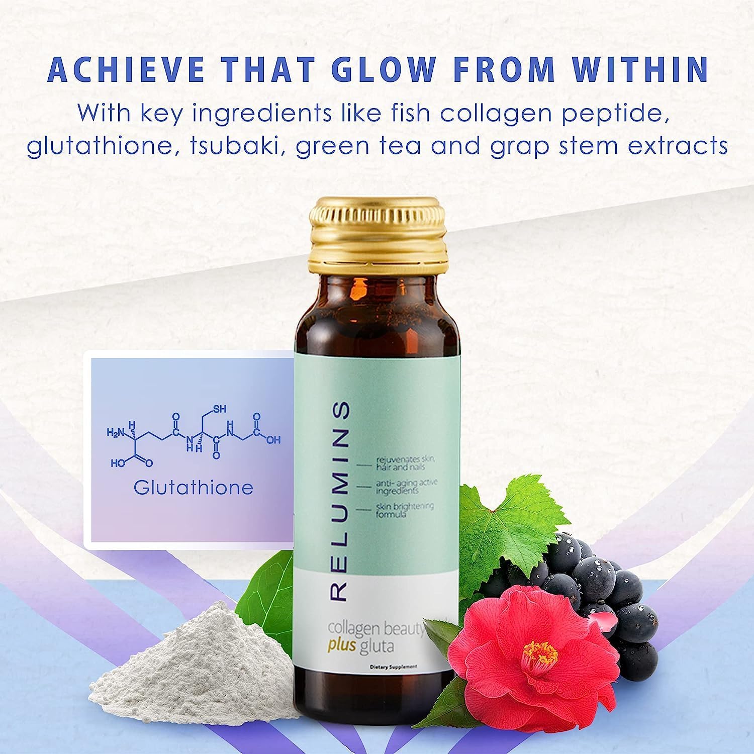Natural Anti-Aging Collagen Beauty Drink with Glutathione, Hyaluronic Acid, CoQ10, EGCG, Resveratrol - Apple Flavor - Ten 50mL Drinks