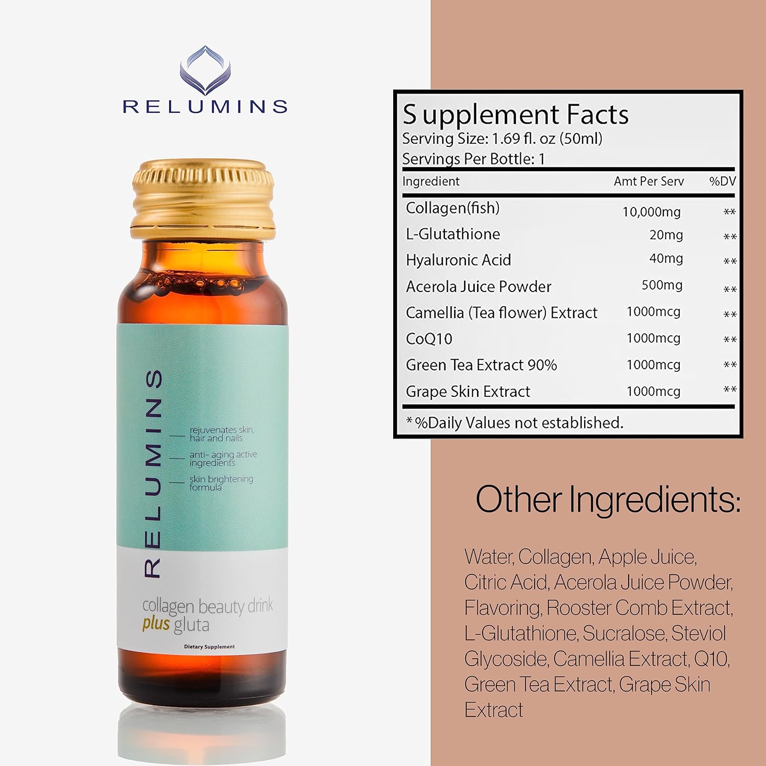 Natural Anti-Aging Collagen Beauty Drink with Glutathione, Hyaluronic Acid, CoQ10, EGCG, Resveratrol - Apple Flavor - Ten 50mL Drinks