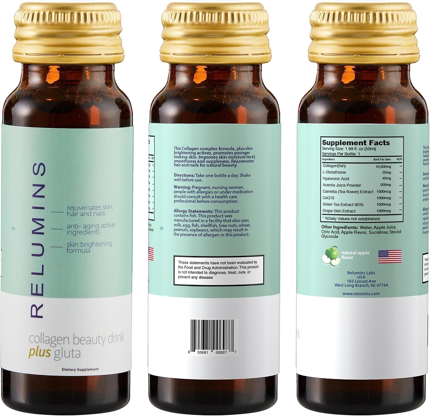 Natural Anti-Aging Collagen Beauty Drink with Glutathione, Hyaluronic Acid, CoQ10, EGCG, Resveratrol - Apple Flavor - Ten 50mL Drinks