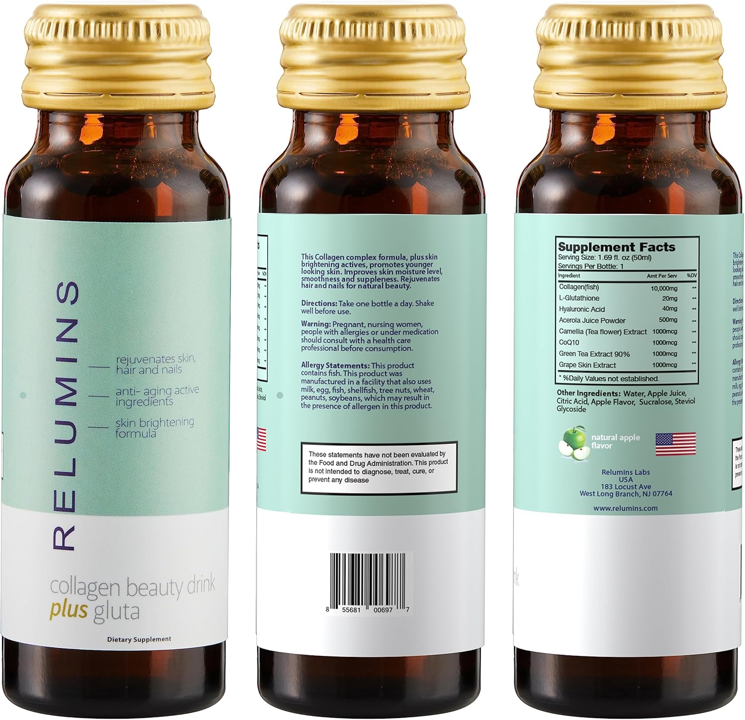 Natural Anti-Aging Collagen Beauty Drink with Glutathione, Hyaluronic Acid, CoQ10, EGCG, Resveratrol - Apple Flavor - Ten 50mL Drinks