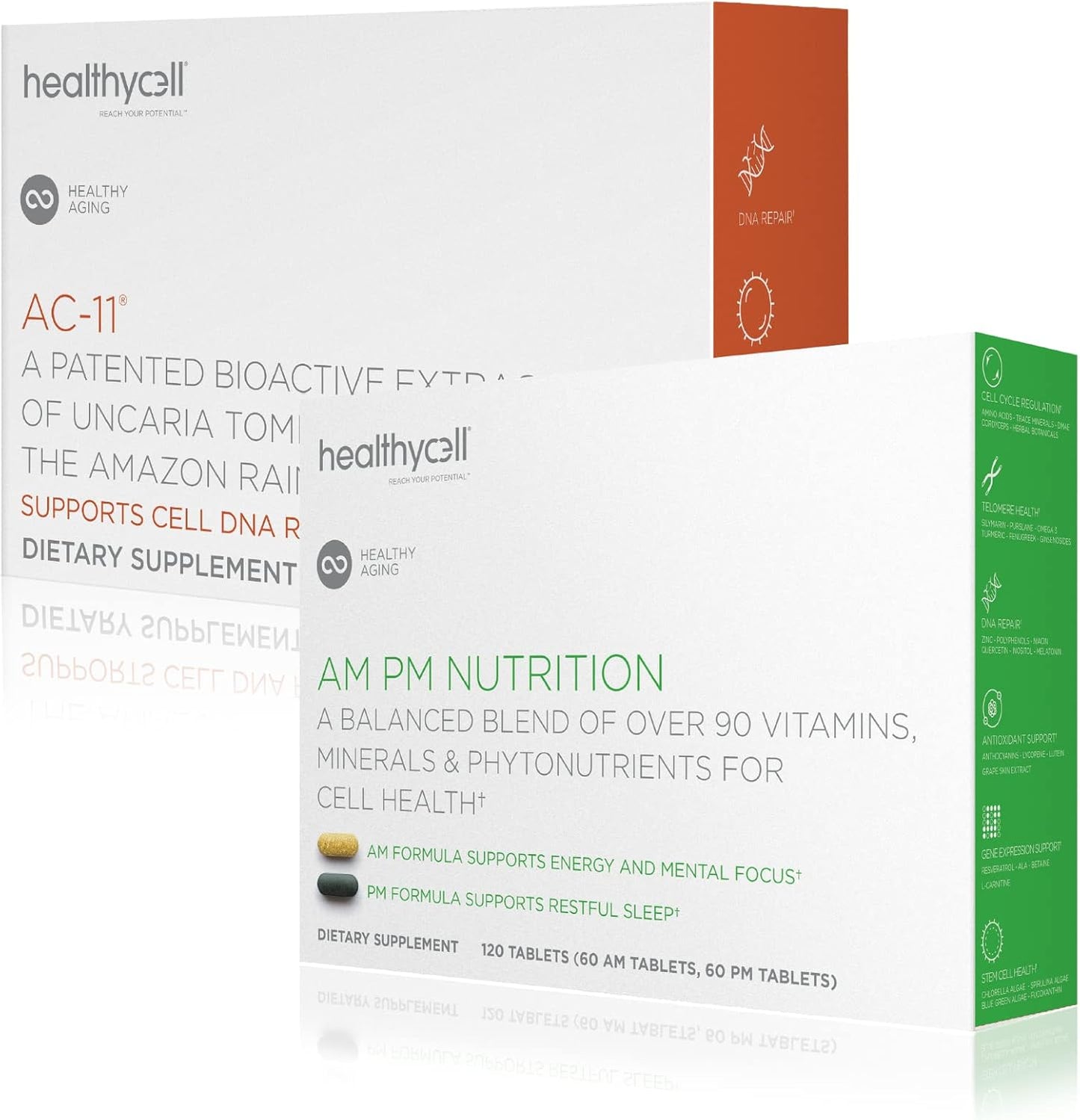 Natural AntiAging Supplements Bundle for Men and Women - AM PM Cell Health Vitamins with AC-11 for DNA Repair, Energy, and Sleep