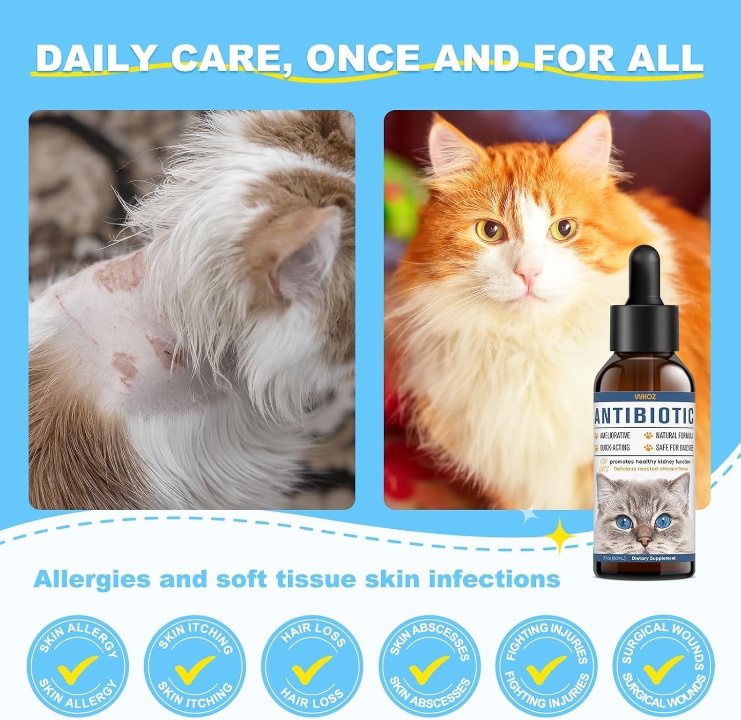 Natural Antibiotics for Cats - Allergy Itch Relief and Immune Boost - UTI Treatment - Supplemental Vitamins for Pets, 2 fl oz